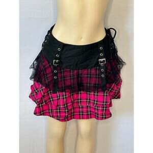 Pink Plaid Mini Skirt Lace-Up Sides Buckle Detail Y2K Alt Dark Valentines Day